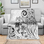 New Zealand Sea Animals with Maori Tribal Tattoo Blanket White Color
