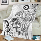 New Zealand Sea Animals with Maori Tribal Tattoo Blanket White Color