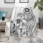 New Zealand Sea Animals with Maori Tribal Tattoo Blanket White Color
