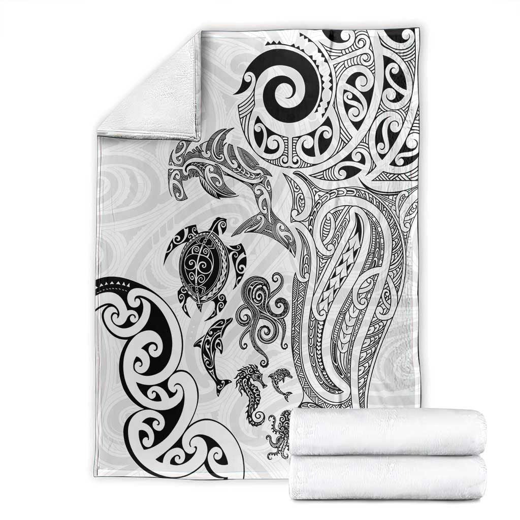 New Zealand Sea Animals with Maori Tribal Tattoo Blanket White Color