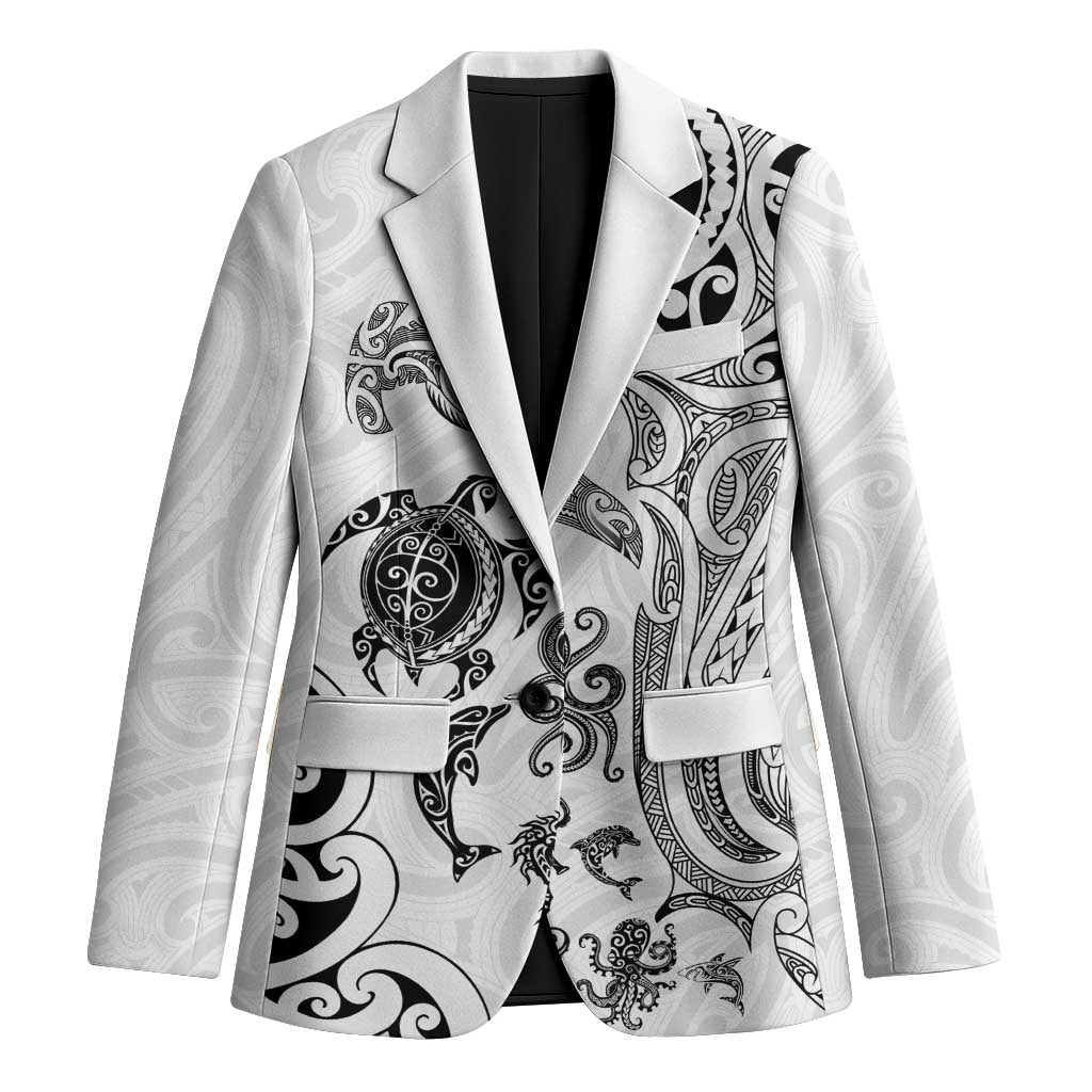 New Zealand Sea Animals with Maori Tribal Tattoo Blazer White Color