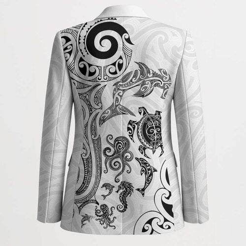 New Zealand Sea Animals with Maori Tribal Tattoo Blazer White Color