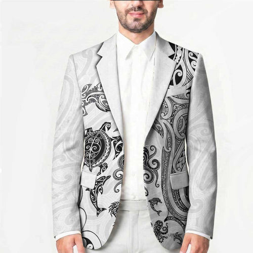New Zealand Sea Animals with Maori Tribal Tattoo Blazer White Color
