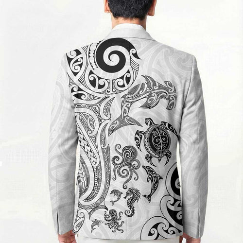 New Zealand Sea Animals with Maori Tribal Tattoo Blazer White Color