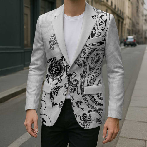 New Zealand Sea Animals with Maori Tribal Tattoo Blazer White Color