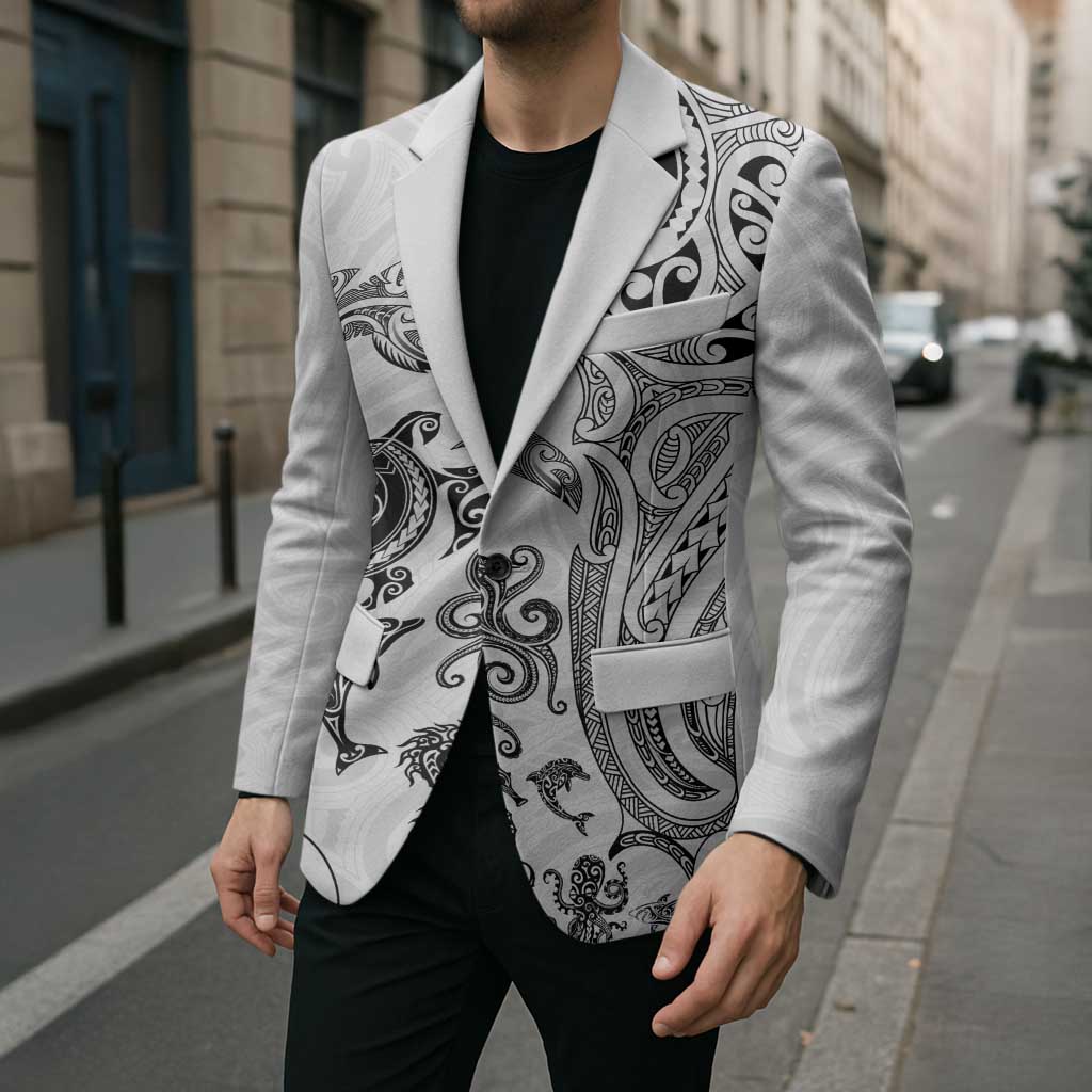New Zealand Sea Animals with Maori Tribal Tattoo Blazer White Color