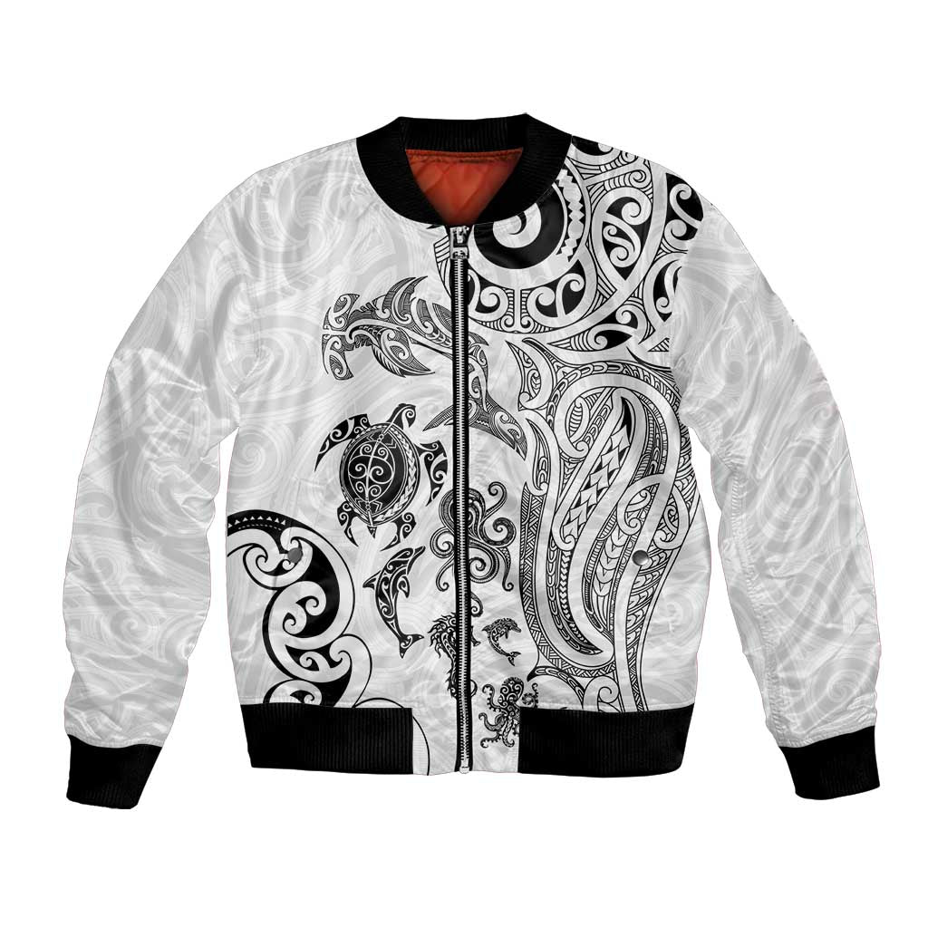 New Zealand Sea Animals with Maori Tribal Tattoo Bomber Jacket White Color
