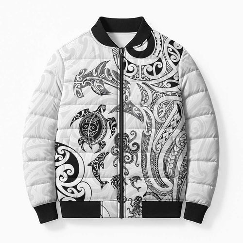 New Zealand Sea Animals with Maori Tribal Tattoo Bomber Puffer Jacket White Color