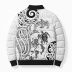 New Zealand Sea Animals with Maori Tribal Tattoo Bomber Puffer Jacket White Color