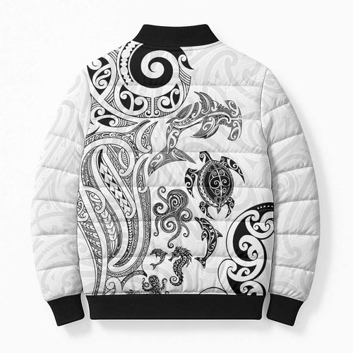 New Zealand Sea Animals with Maori Tribal Tattoo Bomber Puffer Jacket White Color