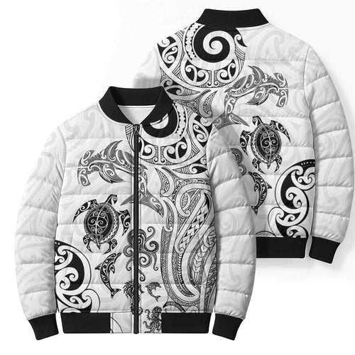New Zealand Sea Animals with Maori Tribal Tattoo Bomber Puffer Jacket White Color