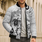 New Zealand Sea Animals with Maori Tribal Tattoo Bomber Puffer Jacket White Color