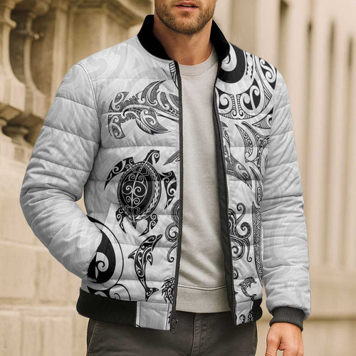 New Zealand Sea Animals with Maori Tribal Tattoo Bomber Puffer Jacket White Color