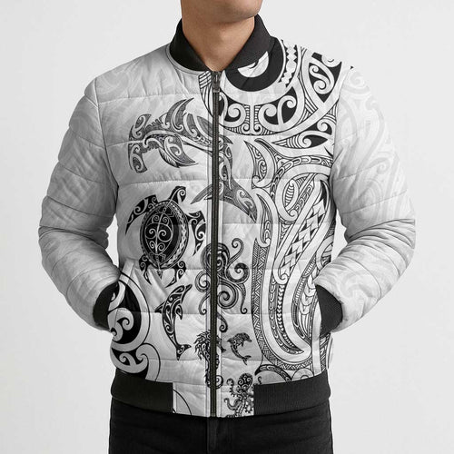 New Zealand Sea Animals with Maori Tribal Tattoo Bomber Puffer Jacket White Color