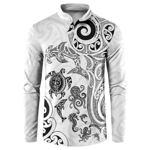 New Zealand Sea Animals with Maori Tribal Tattoo Button Sweatshirt White Color