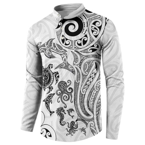 New Zealand Sea Animals with Maori Tribal Tattoo Button Sweatshirt White Color