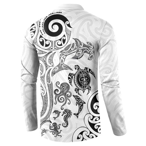New Zealand Sea Animals with Maori Tribal Tattoo Button Sweatshirt White Color