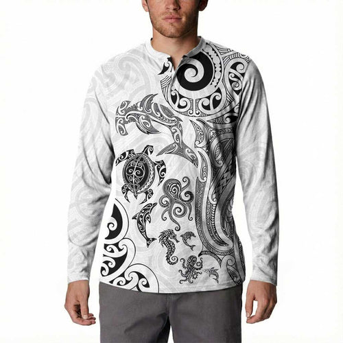 New Zealand Sea Animals with Maori Tribal Tattoo Button Sweatshirt White Color