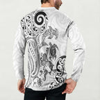 New Zealand Sea Animals with Maori Tribal Tattoo Button Sweatshirt White Color