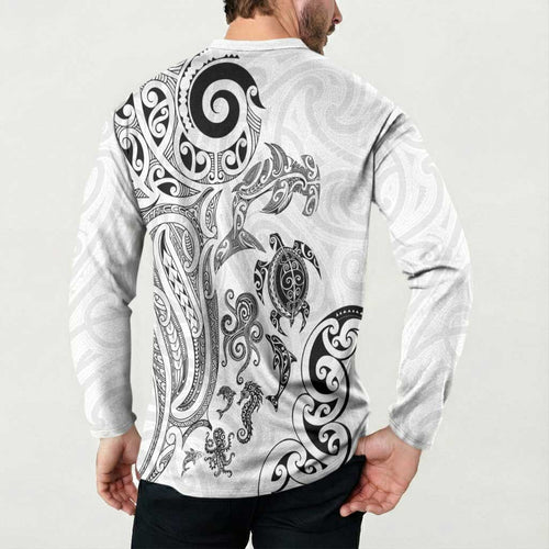 New Zealand Sea Animals with Maori Tribal Tattoo Button Sweatshirt White Color