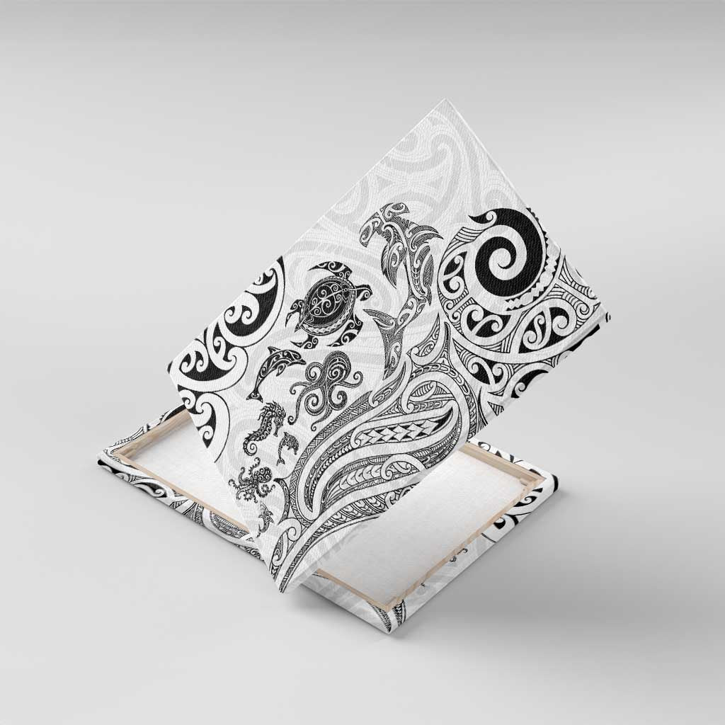 New Zealand Sea Animals with Maori Tribal Tattoo Canvas Wall Art White Color