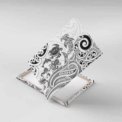 New Zealand Sea Animals with Maori Tribal Tattoo Canvas Wall Art White Color