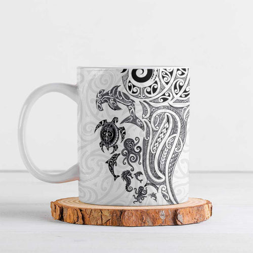New Zealand Sea Animals with Maori Tribal Tattoo Ceramic Mug White Color
