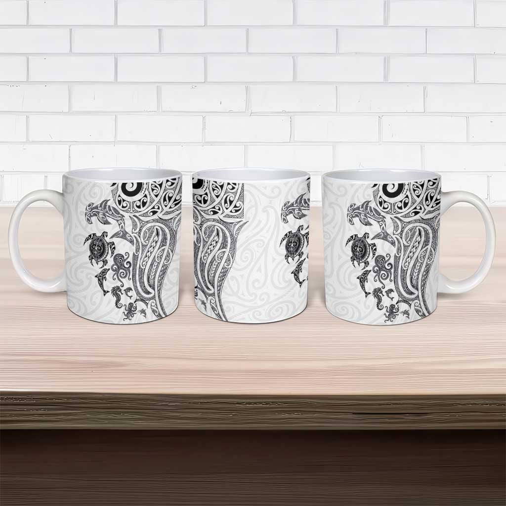 New Zealand Sea Animals with Maori Tribal Tattoo Ceramic Mug White Color