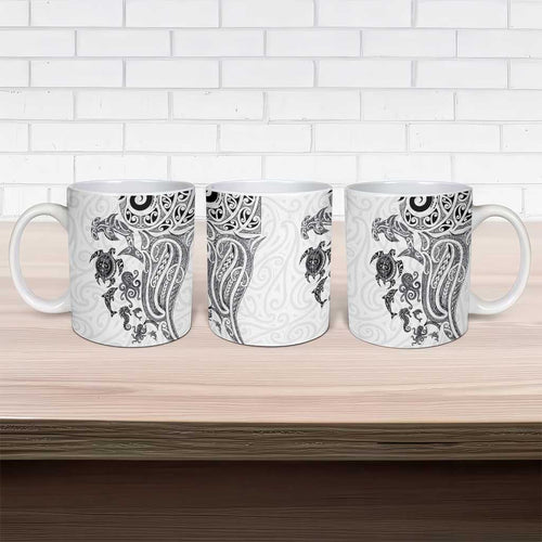New Zealand Sea Animals with Maori Tribal Tattoo Ceramic Mug White Color