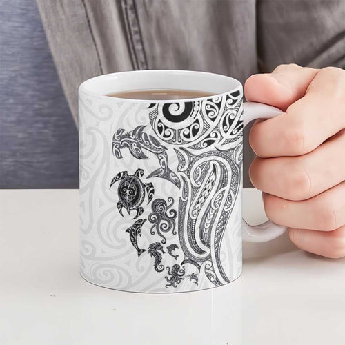 New Zealand Sea Animals with Maori Tribal Tattoo Ceramic Mug White Color