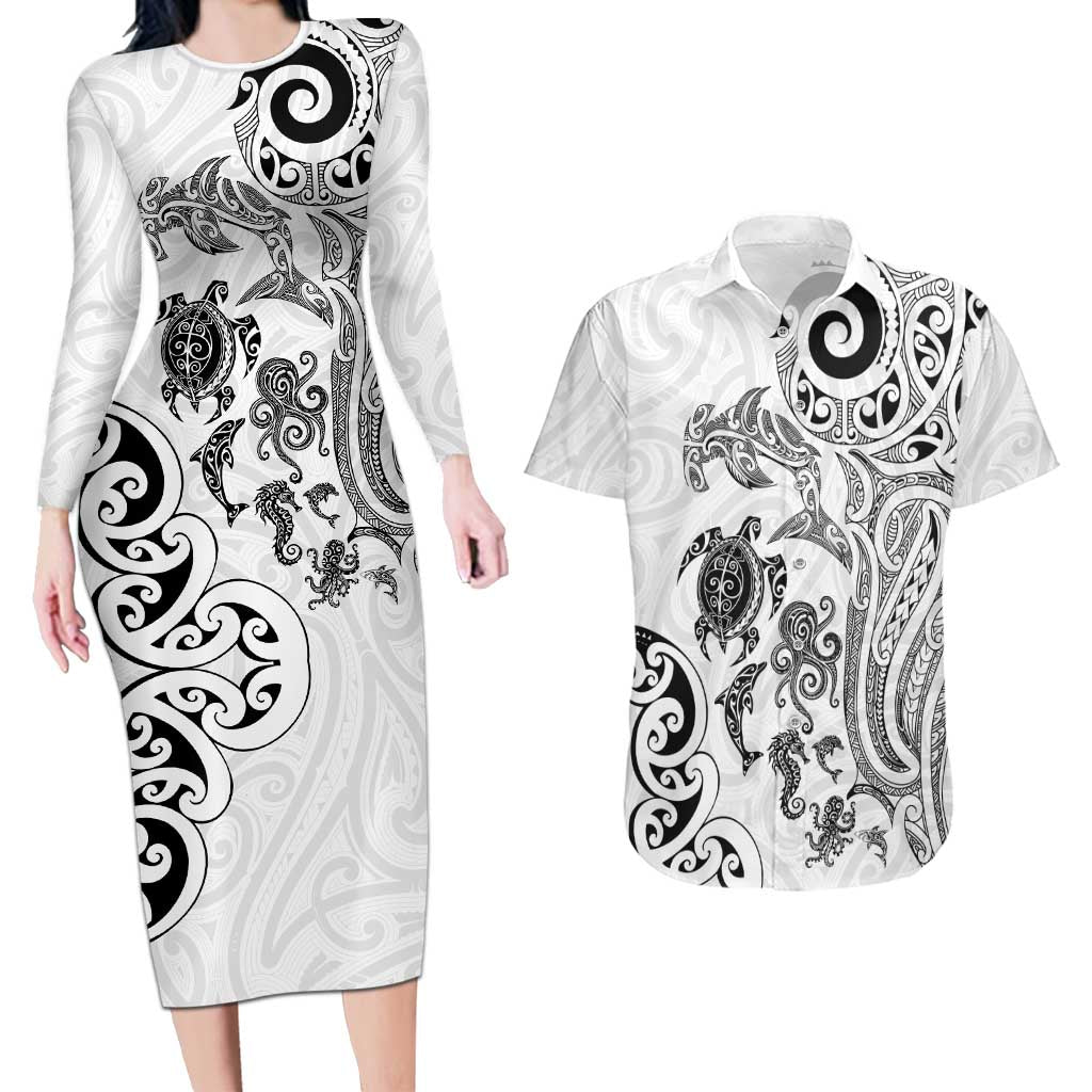 New Zealand Sea Animals with Maori Tribal Tattoo Couples Matching Long Sleeve Bodycon Dress and Hawaiian Shirt White Color