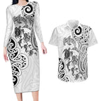 New Zealand Sea Animals with Maori Tribal Tattoo Couples Matching Long Sleeve Bodycon Dress and Hawaiian Shirt White Color