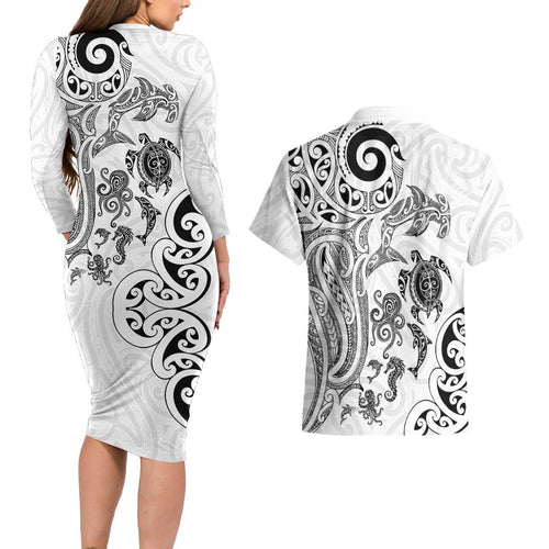 New Zealand Sea Animals with Maori Tribal Tattoo Couples Matching Long Sleeve Bodycon Dress and Hawaiian Shirt White Color