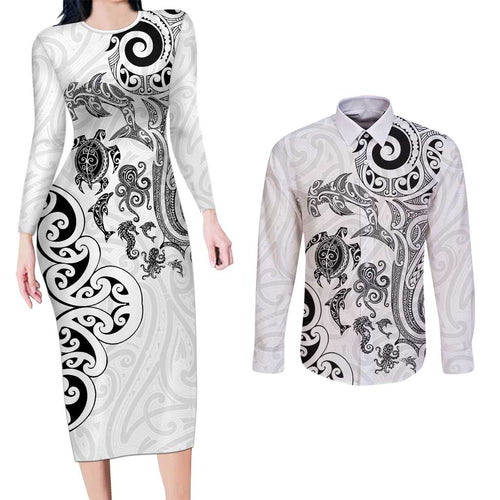 New Zealand Sea Animals with Maori Tribal Tattoo Couples Matching Long Sleeve Bodycon Dress and Long Sleeve Button Shirt White Color