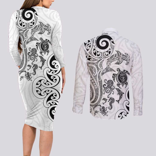 New Zealand Sea Animals with Maori Tribal Tattoo Couples Matching Long Sleeve Bodycon Dress and Long Sleeve Button Shirt White Color