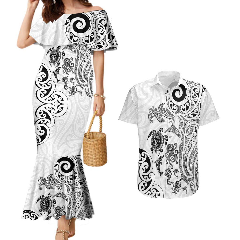 New Zealand Sea Animals with Maori Tribal Tattoo Couples Matching Mermaid Dress and Hawaiian Shirt White Color