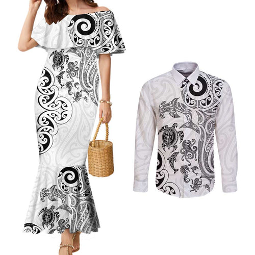 New Zealand Sea Animals with Maori Tribal Tattoo Couples Matching Mermaid Dress and Long Sleeve Button Shirt White Color