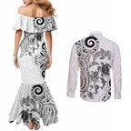 New Zealand Sea Animals with Maori Tribal Tattoo Couples Matching Mermaid Dress and Long Sleeve Button Shirt White Color