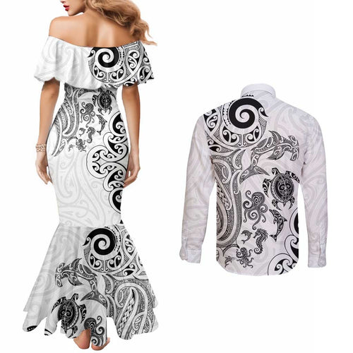 New Zealand Sea Animals with Maori Tribal Tattoo Couples Matching Mermaid Dress and Long Sleeve Button Shirt White Color