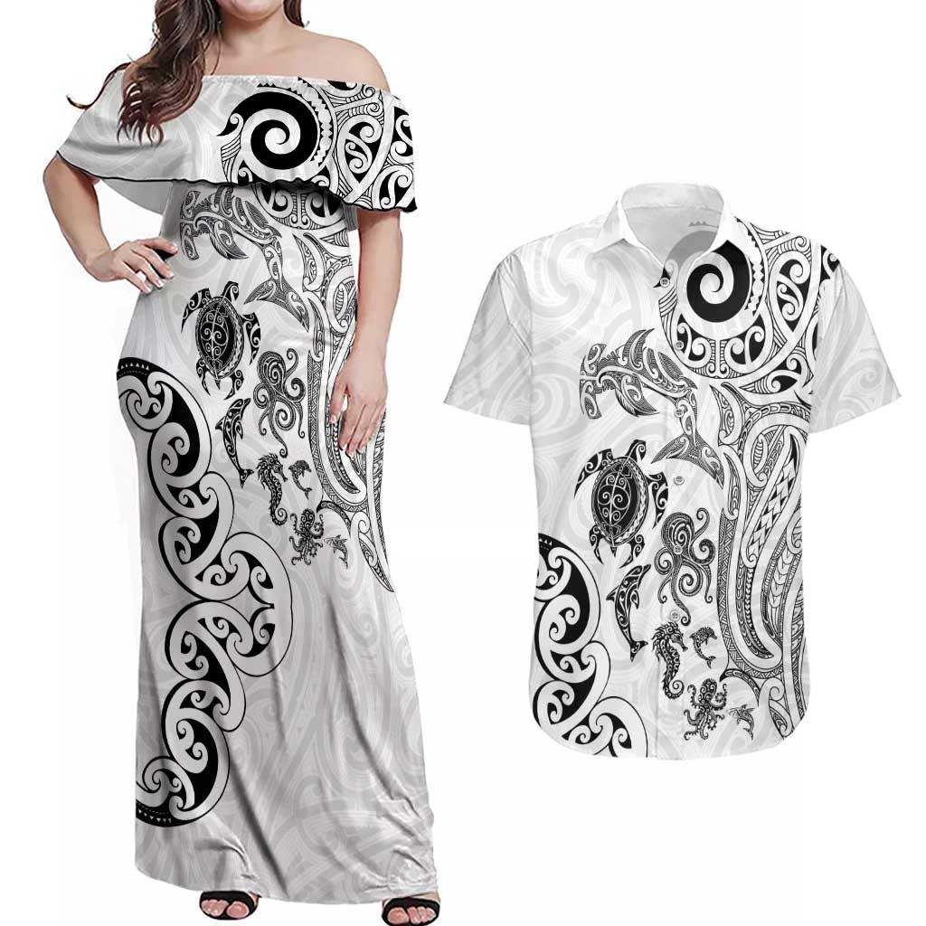 New Zealand Sea Animals with Maori Tribal Tattoo Couples Matching Off Shoulder Maxi Dress and Hawaiian Shirt White Color