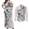 New Zealand Sea Animals with Maori Tribal Tattoo Couples Matching Off Shoulder Maxi Dress and Long Sleeve Button Shirt White Color