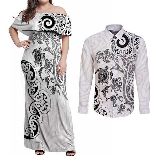 New Zealand Sea Animals with Maori Tribal Tattoo Couples Matching Off Shoulder Maxi Dress and Long Sleeve Button Shirt White Color