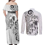 New Zealand Sea Animals with Maori Tribal Tattoo Couples Matching Off Shoulder Maxi Dress and Long Sleeve Button Shirt White Color