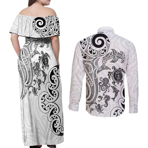New Zealand Sea Animals with Maori Tribal Tattoo Couples Matching Off Shoulder Maxi Dress and Long Sleeve Button Shirt White Color