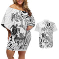 New Zealand Sea Animals with Maori Tribal Tattoo Couples Matching Off Shoulder Short Dress and Hawaiian Shirt White Color