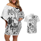 New Zealand Sea Animals with Maori Tribal Tattoo Couples Matching Off Shoulder Short Dress and Hawaiian Shirt White Color