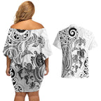New Zealand Sea Animals with Maori Tribal Tattoo Couples Matching Off Shoulder Short Dress and Hawaiian Shirt White Color