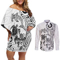 New Zealand Sea Animals with Maori Tribal Tattoo Couples Matching Off Shoulder Short Dress and Long Sleeve Button Shirt White Color