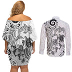 New Zealand Sea Animals with Maori Tribal Tattoo Couples Matching Off Shoulder Short Dress and Long Sleeve Button Shirt White Color