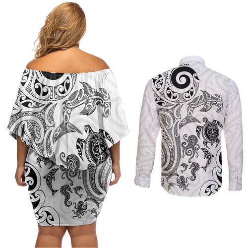 New Zealand Sea Animals with Maori Tribal Tattoo Couples Matching Off Shoulder Short Dress and Long Sleeve Button Shirt White Color